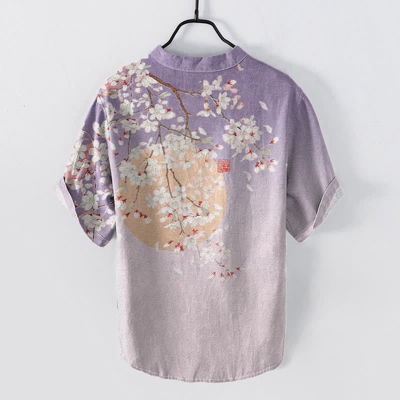 Buddha Stones Camisa de manga corta con medio botón para hombre, de algodón puro, con estampado de acuarela de flores de cerezo. - image 4