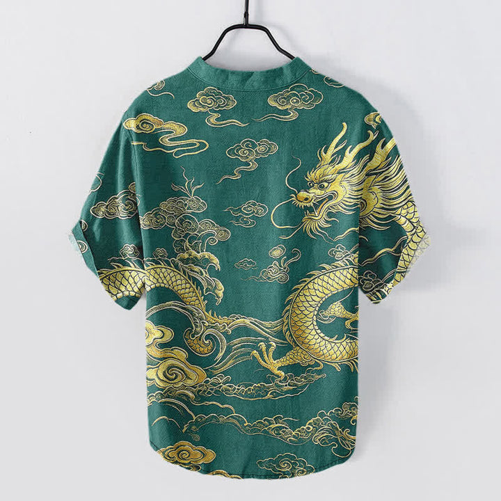 Buddha Stones Camisa de manga corta con medio botón para hombre, de algodón, con estampado de nube y dragón dorado. - image 8