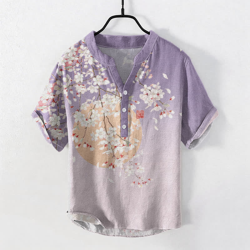 Buddha Stones Camisa de manga corta con medio botón para hombre, de algodón puro, con estampado de acuarela de flores de cerezo. - Lavanda - US/UK/AU50, EU60 (5XL) - image 3