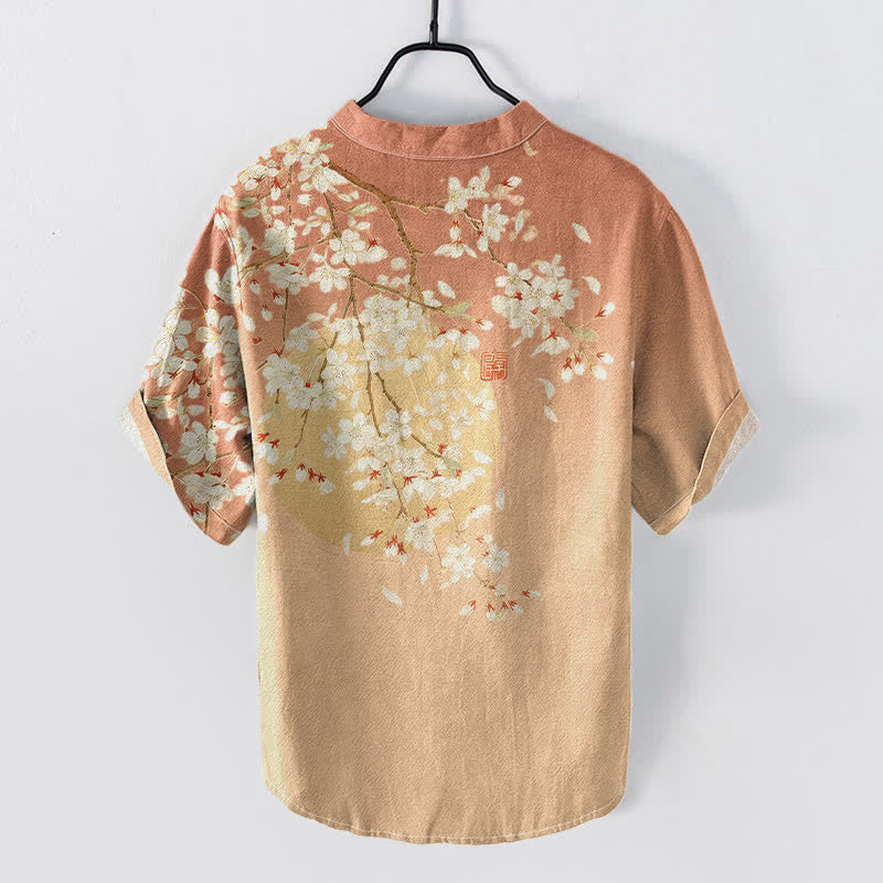 Buddha Stones Camisa de manga corta con medio botón para hombre, de algodón puro, con estampado de acuarela de flores de cerezo. - image 6