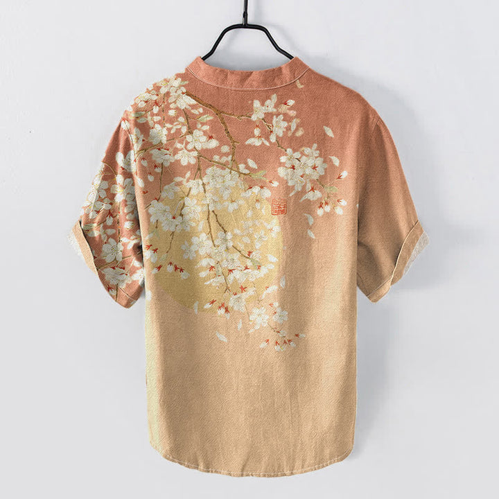 Buddha Stones Camisa de manga corta con medio botón para hombre, de algodón puro, con estampado de acuarela de flores de cerezo. - image 6