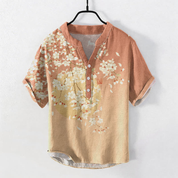 Buddha Stones Camisa de manga corta con medio botón para hombre, de algodón puro, con estampado de acuarela de flores de cerezo. - Sandy Brown - US/UK/AU50, EU60 (5XL) - image 5