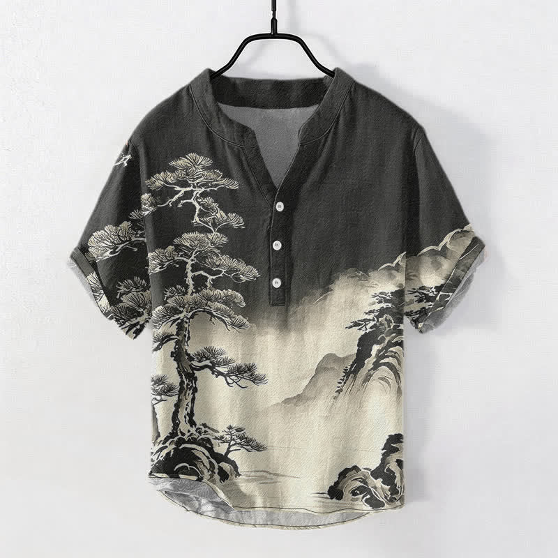 Buddha Stones Camisa de manga corta con medio botón para hombre, de algodón con estampado de paisaje lavado a la tinta. - Negro - US/UK/AU50, EU60 (5XL) - image 0