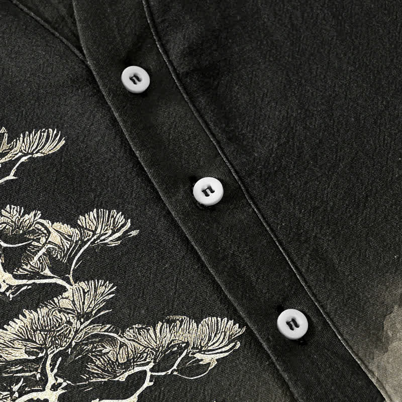Buddha Stones Camisa de manga corta con medio botón para hombre, de algodón con estampado de paisaje lavado a la tinta. - image 3