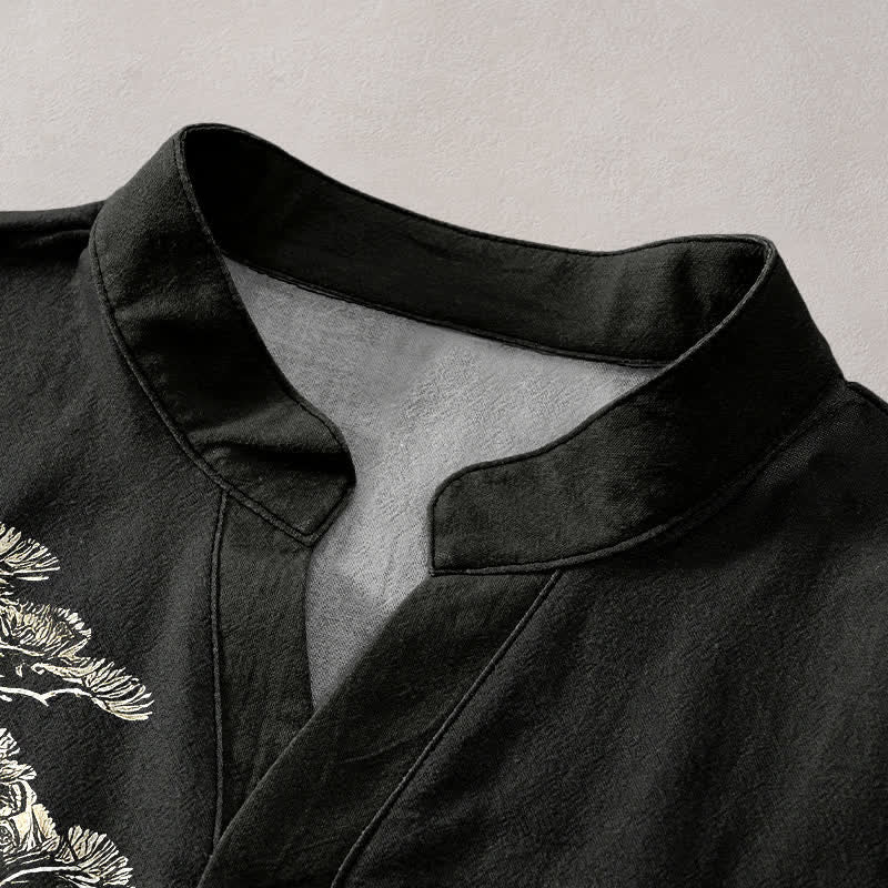 Buddha Stones Camisa de manga corta con medio botón para hombre, de algodón con estampado de paisaje lavado a la tinta. - image 2