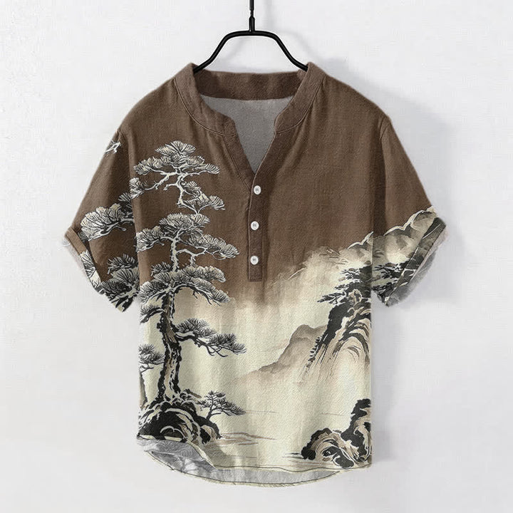 Buddha Stones Camisa de manga corta con medio botón para hombre, de algodón con estampado de paisaje lavado a la tinta. - image 7
