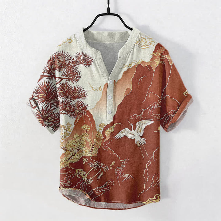 Buddha Stones Camisa de manga corta con medio botón para hombre, de algodón, con estampado de paisaje de grullas de montaña orientales. - Tierra de siena - US/UK/AU50, EU60 (5XL) - image 3