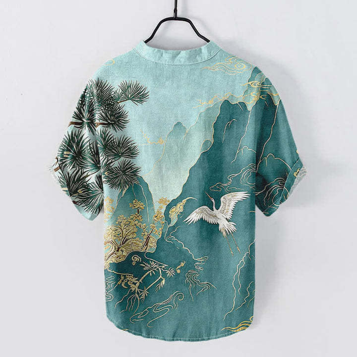 Buddha Stones Camisa de manga corta con medio botón para hombre, de algodón, con estampado de paisaje de grullas de montaña orientales. - image 6