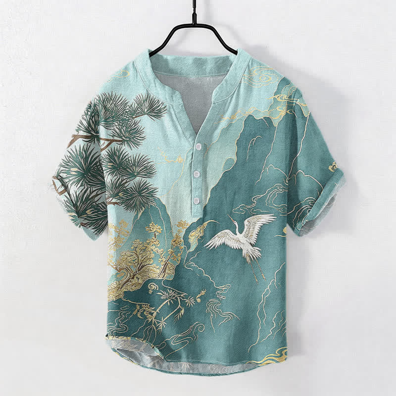 Buddha Stones Camisa de manga corta con medio botón para hombre, de algodón, con estampado de paisaje de grullas de montaña orientales. - Azul cadete - US/UK/AU50, EU60 (5XL) - image 5