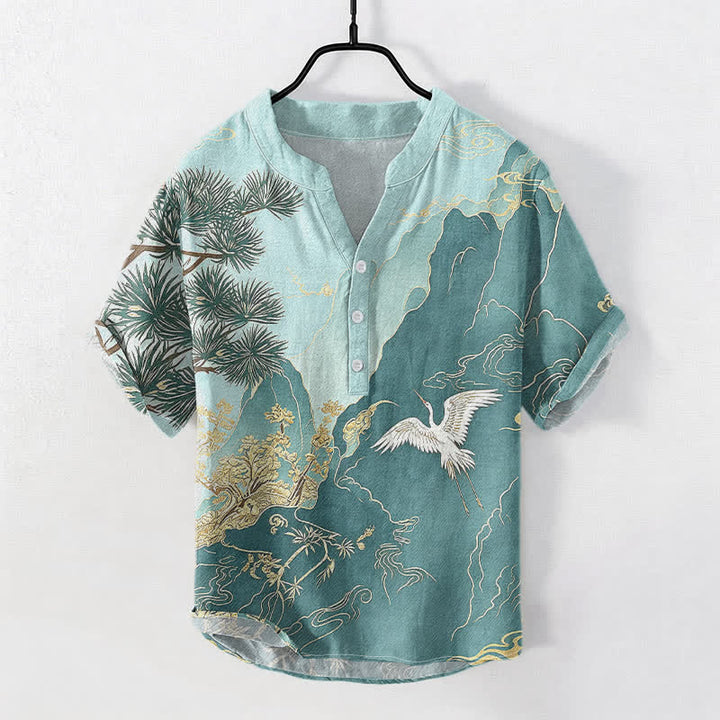 Buddha Stones Camisa de manga corta con medio botón para hombre, de algodón, con estampado de paisaje de grullas de montaña orientales. - Azul cadete - US/UK/AU50, EU60 (5XL) - image 5