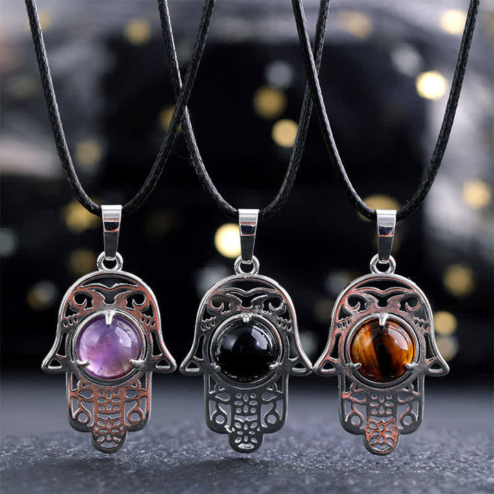 Buddha Stones Collar de fuerza con incrustaciones de cristal de palma de Hamsa y obsidiana negra natural - image 0