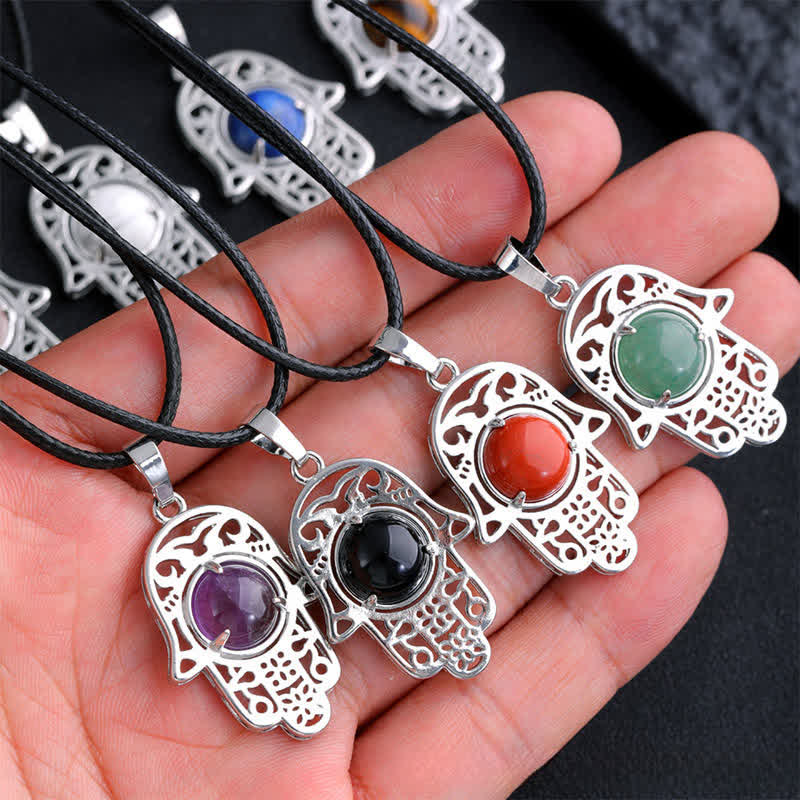 Buddha Stones Collar de fuerza con incrustaciones de cristal de palma de Hamsa y obsidiana negra natural - image 23