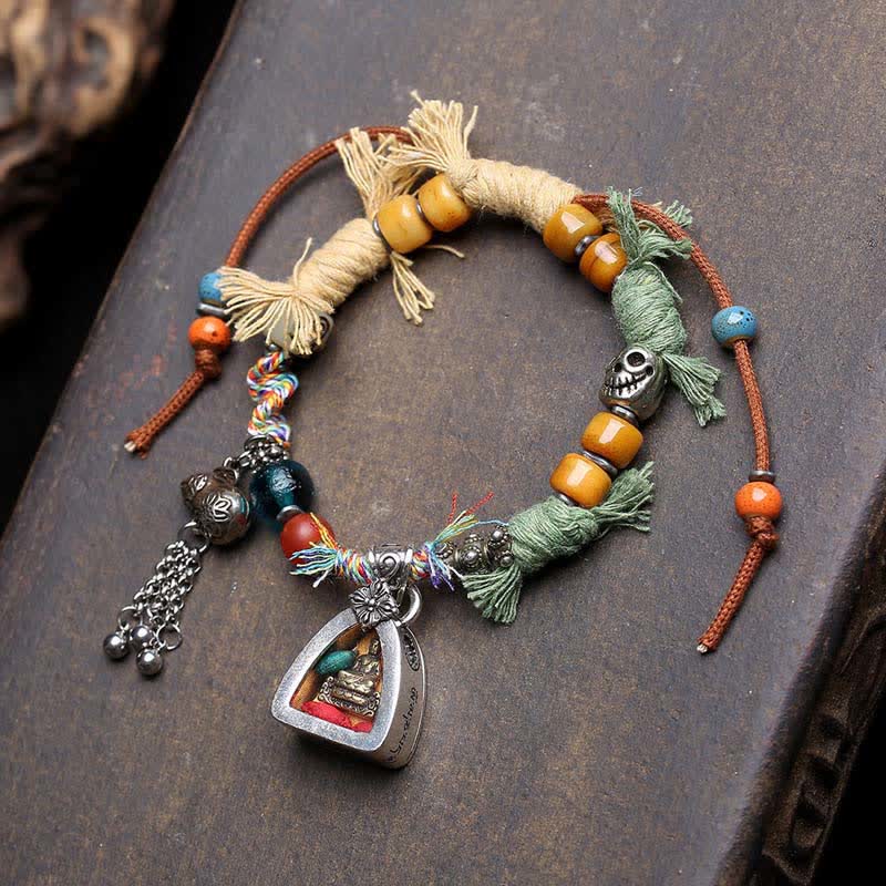Buddha Stones Pulsera de serenidad de cuerda trenzada con Buda Amitabha de cobre - Cuerda de colores (circunferencia de la muñeca: 17-23 cm) - image 6