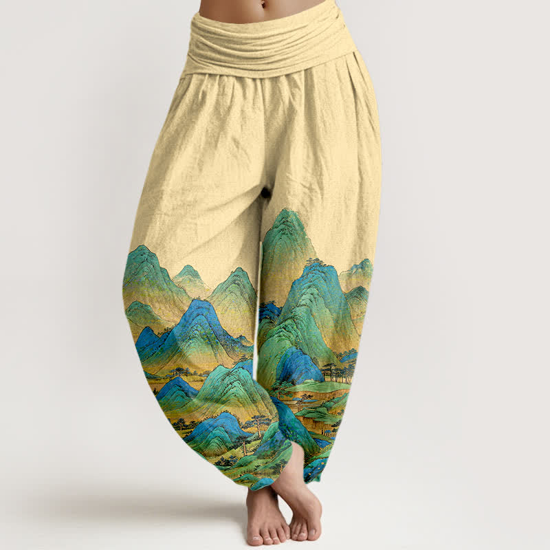 Buddha Stones Pantalones harem de mujer con cintura elástica y estampado de paisaje de montaña azul y verde, de algodón puro para mujer. - Limón Chiffon - US16，UK/AU20，EU48 (3XL) - image 5