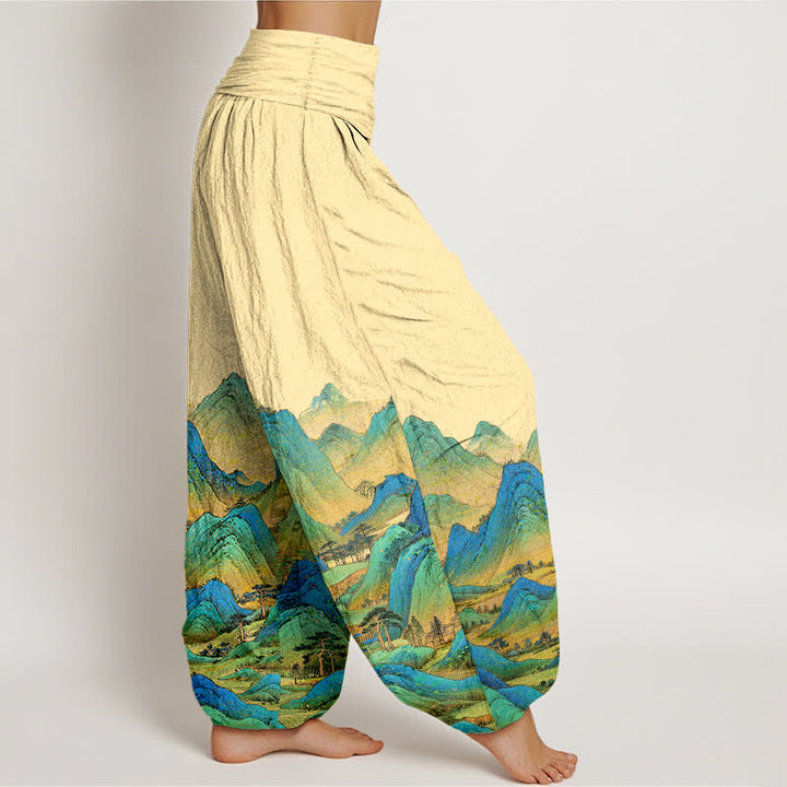 Buddha Stones Pantalones harem de mujer con cintura elástica y estampado de paisaje de montaña azul y verde, de algodón puro para mujer. - image 7