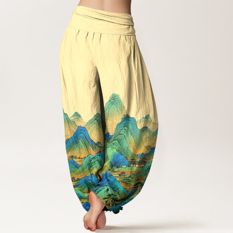Buddha Stones Pantalones harem de mujer con cintura elástica y estampado de paisaje de montaña azul y verde, de algodón puro para mujer. - image 6