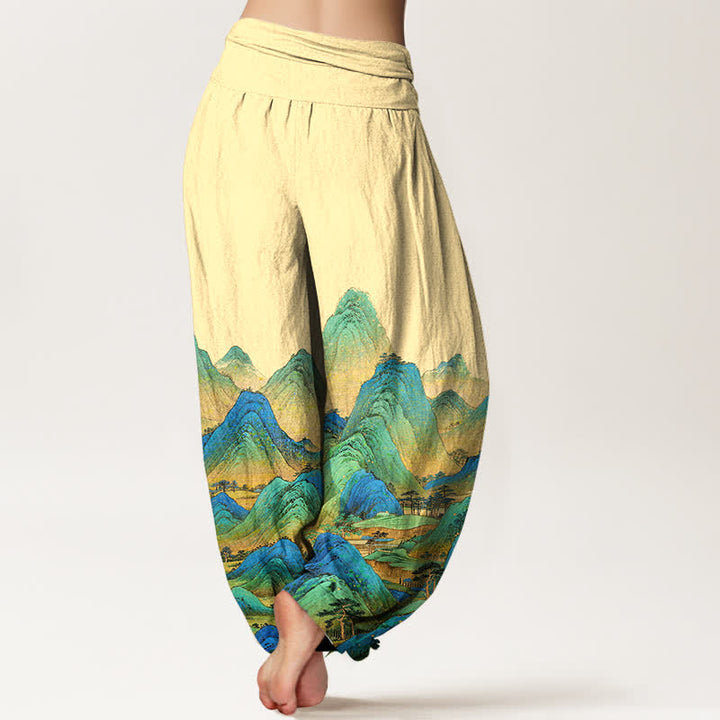 Buddha Stones Pantalones harem de mujer con cintura elástica y estampado de paisaje de montaña azul y verde, de algodón puro para mujer. - image 6