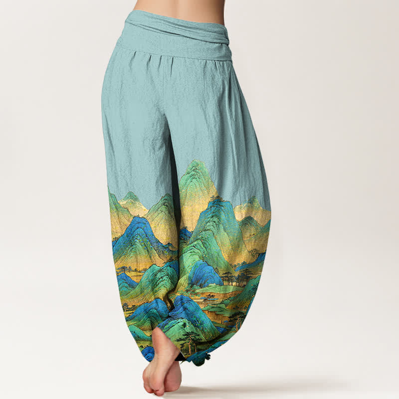 Buddha Stones Pantalones harem de mujer con cintura elástica y estampado de paisaje de montaña azul y verde, de algodón puro para mujer. - image 1
