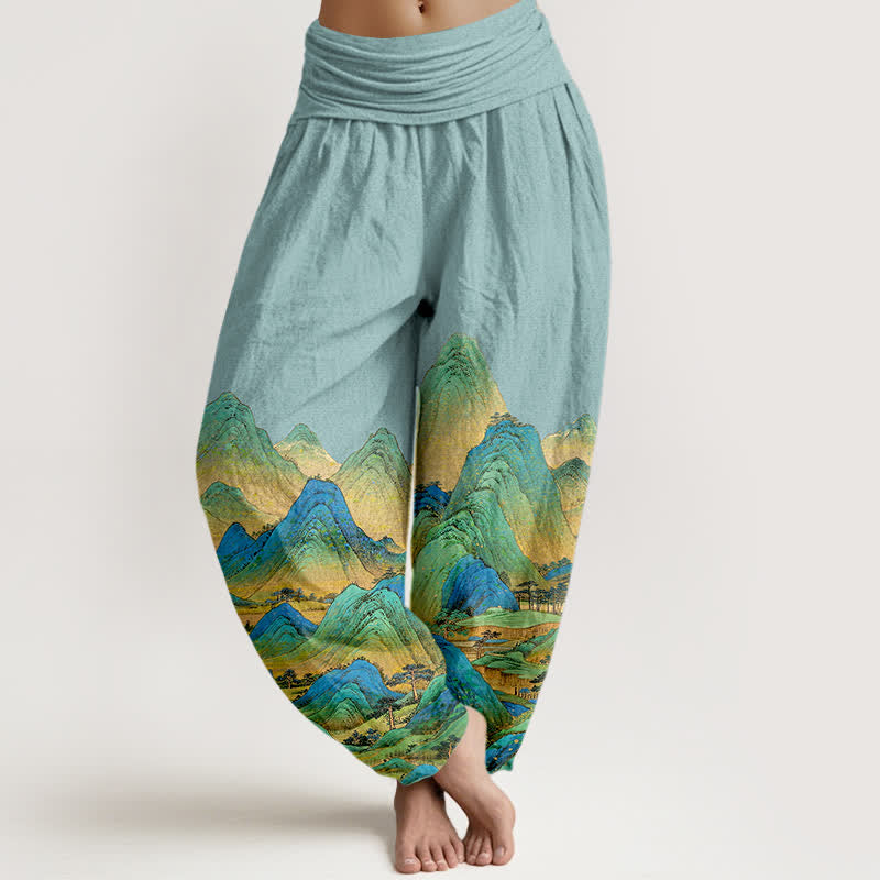 Buddha Stones Pantalones harem de mujer con cintura elástica y estampado de paisaje de montaña azul y verde, de algodón puro para mujer. - Turquesa pálido - US16，UK/AU20，EU48 (3XL) - image 0
