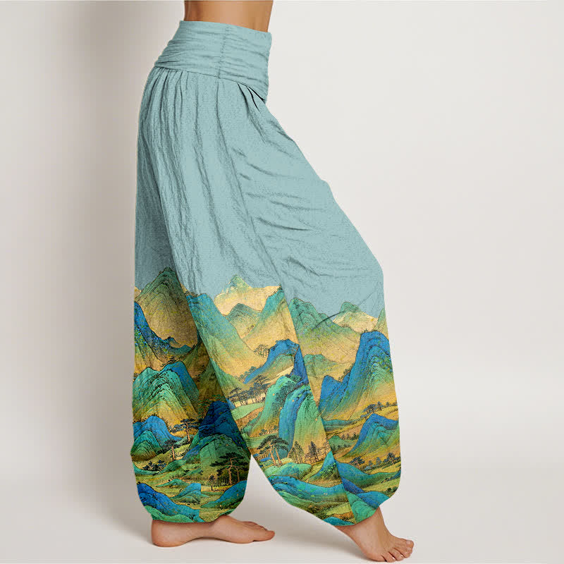 Buddha Stones Pantalones harem de mujer con cintura elástica y estampado de paisaje de montaña azul y verde, de algodón puro para mujer. - image 2