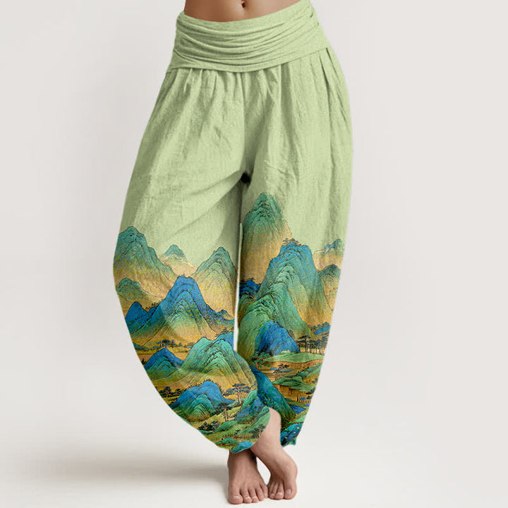 Buddha Stones Pantalones harem de mujer con cintura elástica y estampado de paisaje de montaña azul y verde, de algodón puro para mujer. - Verde claro - US16，UK/AU20，EU48 (3XL) - image 8