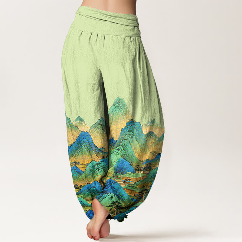 Buddha Stones Pantalones harem de mujer con cintura elástica y estampado de paisaje de montaña azul y verde, de algodón puro para mujer. - image 9