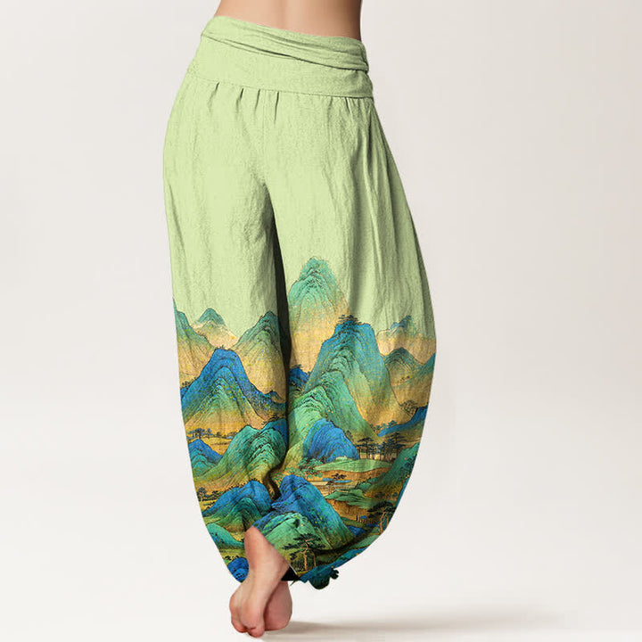Buddha Stones Pantalones harem de mujer con cintura elástica y estampado de paisaje de montaña azul y verde, de algodón puro para mujer. - image 9
