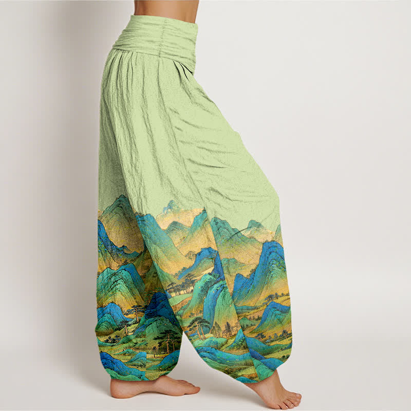 Buddha Stones Pantalones harem de mujer con cintura elástica y estampado de paisaje de montaña azul y verde, de algodón puro para mujer. - image 10