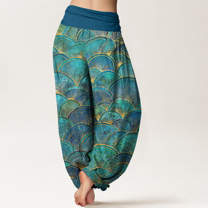 Buddha Stones Pantalones harem de mujer de algodón puro con estampado de abanico turquesa y cintura elástica. - image 1