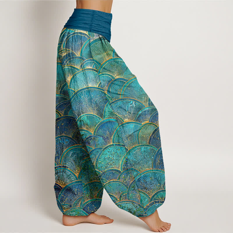 Buddha Stones Pantalones harem de mujer de algodón puro con estampado de abanico turquesa y cintura elástica. - image 2