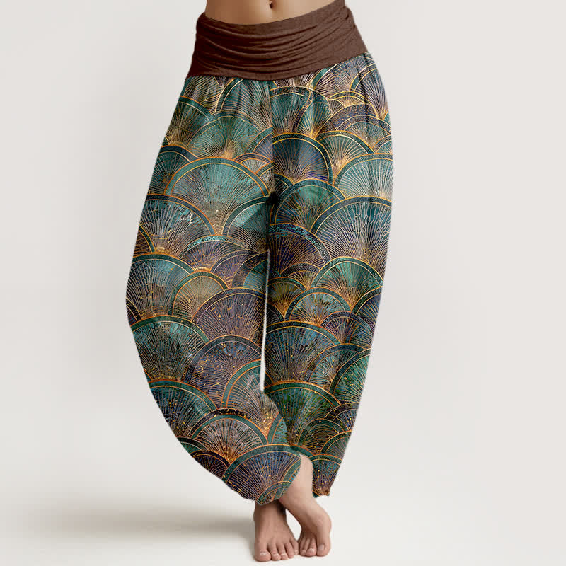 Buddha Stones Pantalones harem de mujer de algodón puro con estampado de abanico turquesa y cintura elástica. - Marrón silla de montar - US16，UK/AU20，EU48 (3XL) - image 5