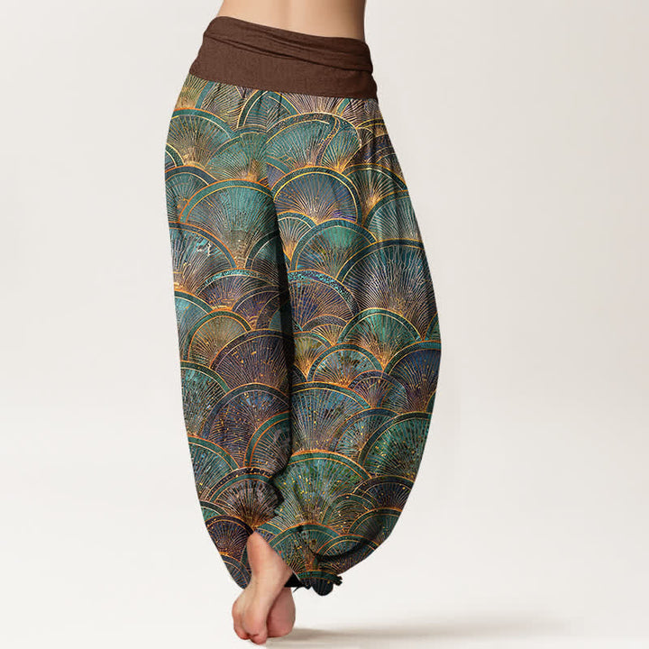 Buddha Stones Pantalones harem de mujer de algodón puro con estampado de abanico turquesa y cintura elástica. - image 6