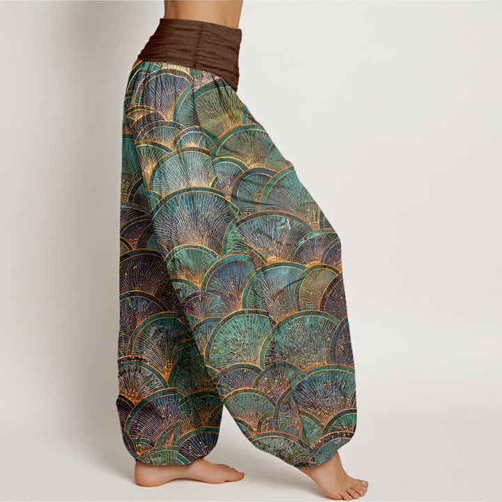 Buddha Stones Pantalones harem de mujer de algodón puro con estampado de abanico turquesa y cintura elástica. - image 7