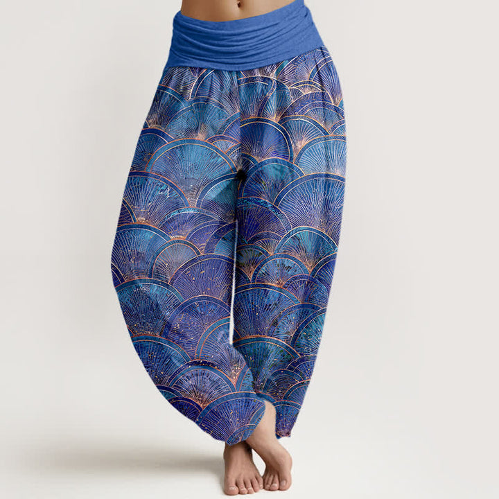 Buddha Stones Pantalones harem de mujer de algodón puro con estampado de abanico turquesa y cintura elástica. - Azul real - US16，UK/AU20，EU48 (3XL) - image 8