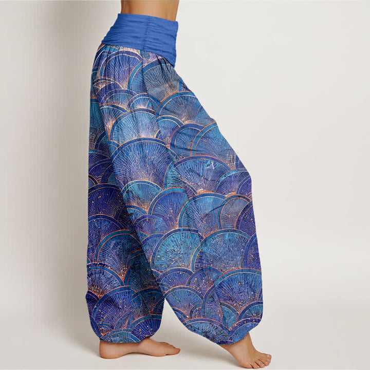 Buddha Stones Pantalones harem de mujer de algodón puro con estampado de abanico turquesa y cintura elástica. - image 10