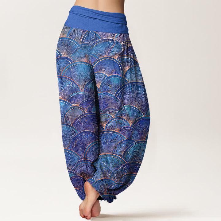 Buddha Stones Pantalones harem de mujer de algodón puro con estampado de abanico turquesa y cintura elástica. - image 9