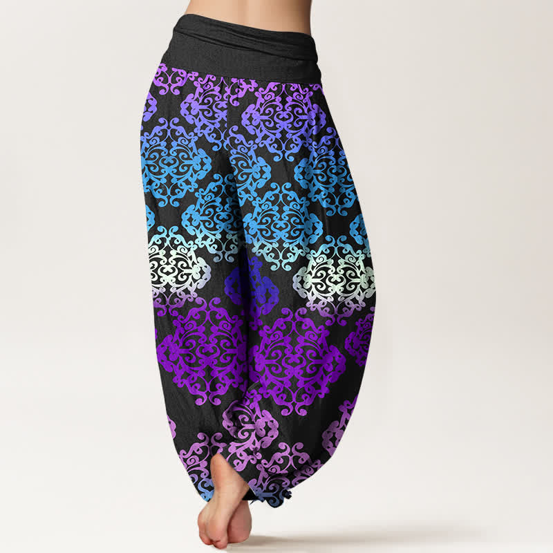 Buddha Stones Pantalones harem de mujer con cintura elástica y estampado floral barroco degradado de algodón puro para mujer - image 1