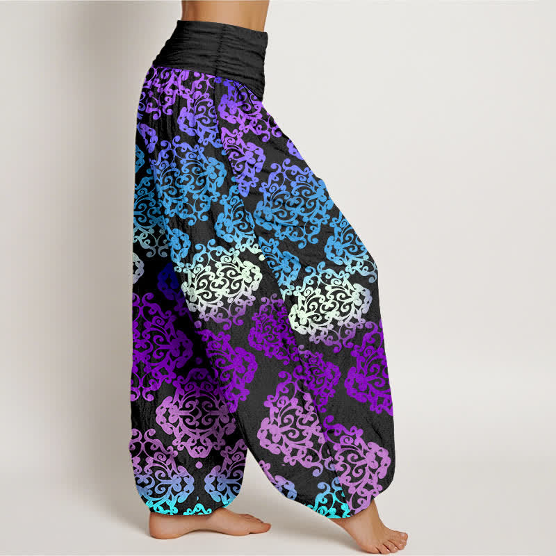 Buddha Stones Pantalones harem de mujer con cintura elástica y estampado floral barroco degradado de algodón puro para mujer - image 2