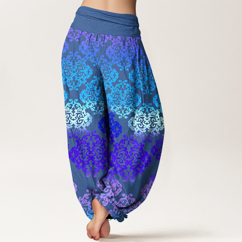Buddha Stones Pantalones harem de mujer con cintura elástica y estampado floral barroco degradado de algodón puro para mujer - image 6