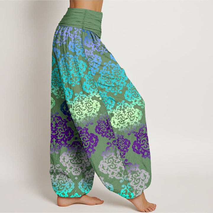 Buddha Stones Pantalones harem de mujer con cintura elástica y estampado floral barroco degradado de algodón puro para mujer - image 10