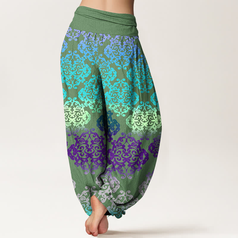 Buddha Stones Pantalones harem de mujer con cintura elástica y estampado floral barroco degradado de algodón puro para mujer - image 9