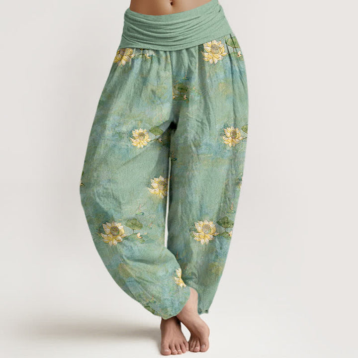 Buddha Stones Pantalones harem de algodón amarillo con estampado de lotos dispersos para mujer con cintura elástica. - Aguamarina medio - US16，UK/AU20，EU48 (3XL) - image 0