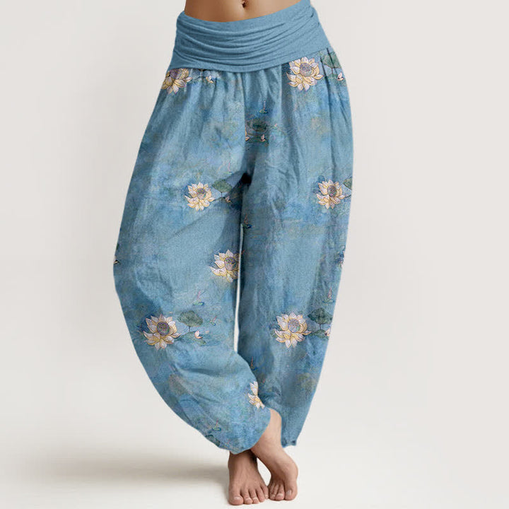 Buddha Stones Pantalones harem de algodón amarillo con estampado de lotos dispersos para mujer con cintura elástica. - Azul claro - US16，UK/AU20，EU48 (3XL) - image 5