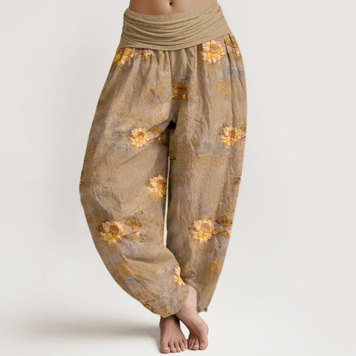 Buddha Stones Pantalones harem de algodón amarillo con estampado de lotos dispersos para mujer con cintura elástica. - Broncearse - US16，UK/AU20，EU48 (3XL) - image 8