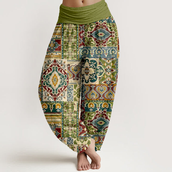 Buddha Stones Pantalones harem de mujer con cintura elástica y estampado de mosaico de algodón y oliva. - Aceituna - US16，UK/AU20，EU48 (3XL) - image 0