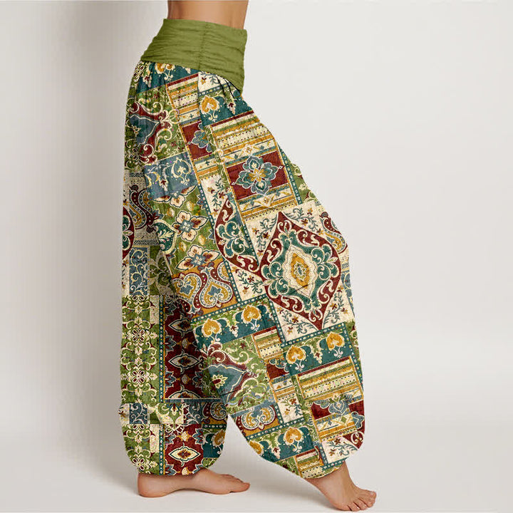 Buddha Stones Pantalones harem de mujer con cintura elástica y estampado de mosaico de algodón y oliva. - image 2