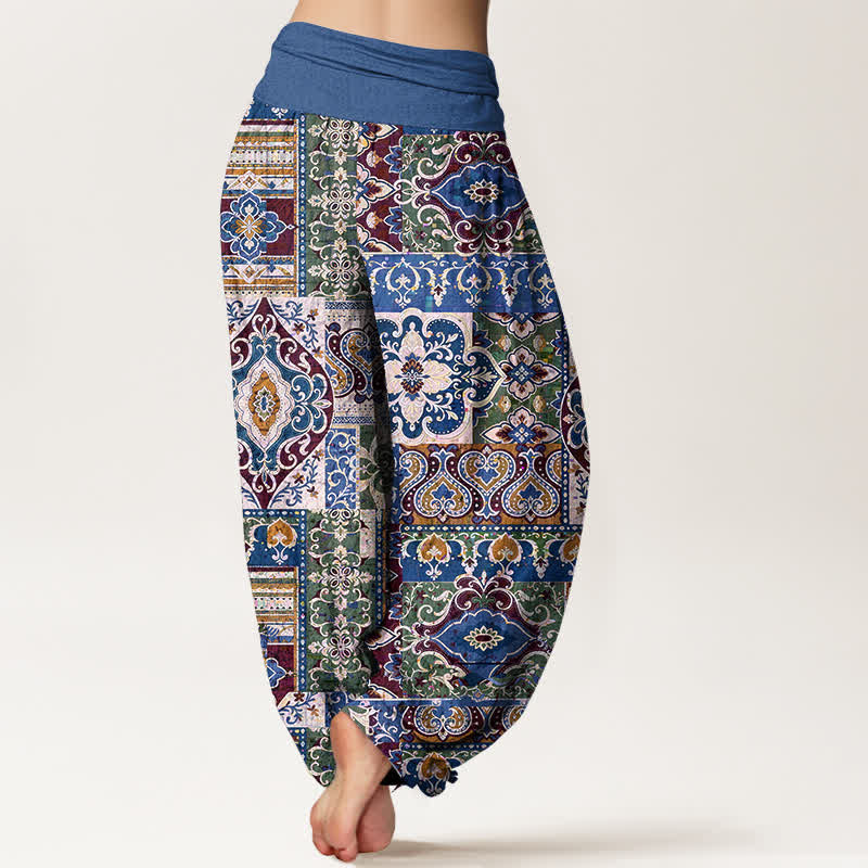 Buddha Stones Pantalones harem de mujer con cintura elástica y estampado de mosaico de algodón y oliva. - image 9