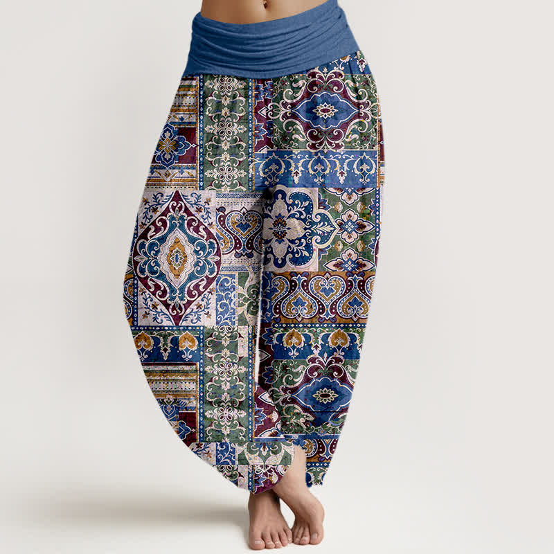 Buddha Stones Pantalones harem de mujer con cintura elástica y estampado de mosaico de algodón y oliva. - Azul real - US16，UK/AU20，EU48 (3XL) - image 8