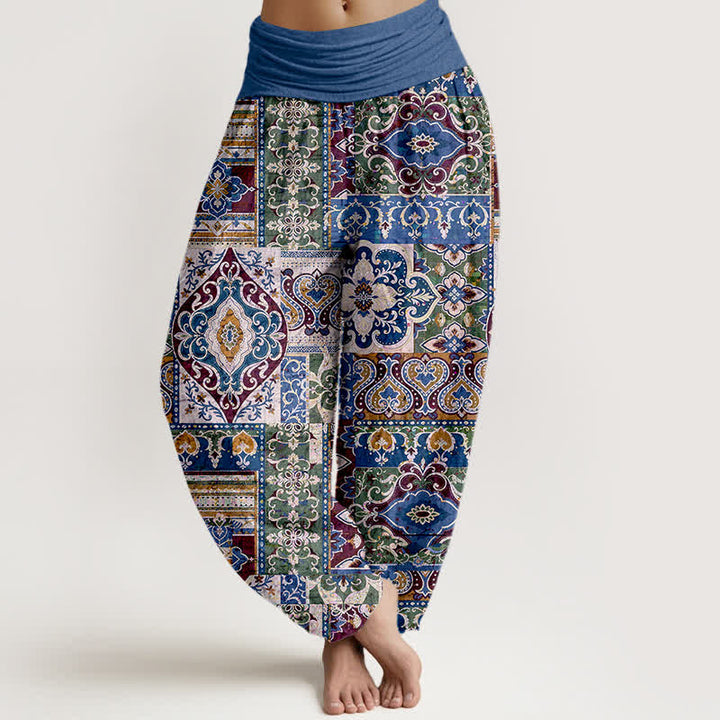 Buddha Stones Pantalones harem de mujer con cintura elástica y estampado de mosaico de algodón y oliva. - Azul real - US16，UK/AU20，EU48 (3XL) - image 8