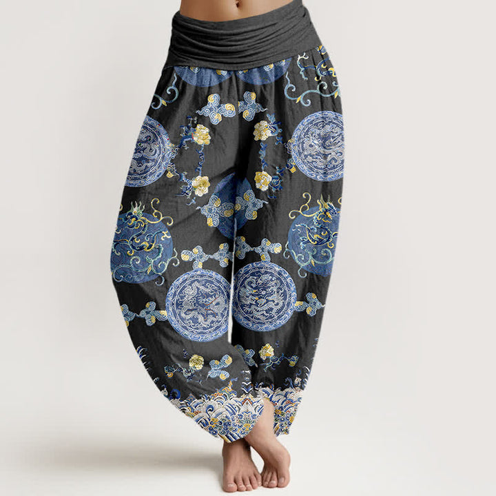 Buddha Stones Pantalones harem de algodón índigo con estampado de medallón de dragón y cintura elástica para mujer. - Negro - US16，UK/AU20，EU48 (3XL) - image 0